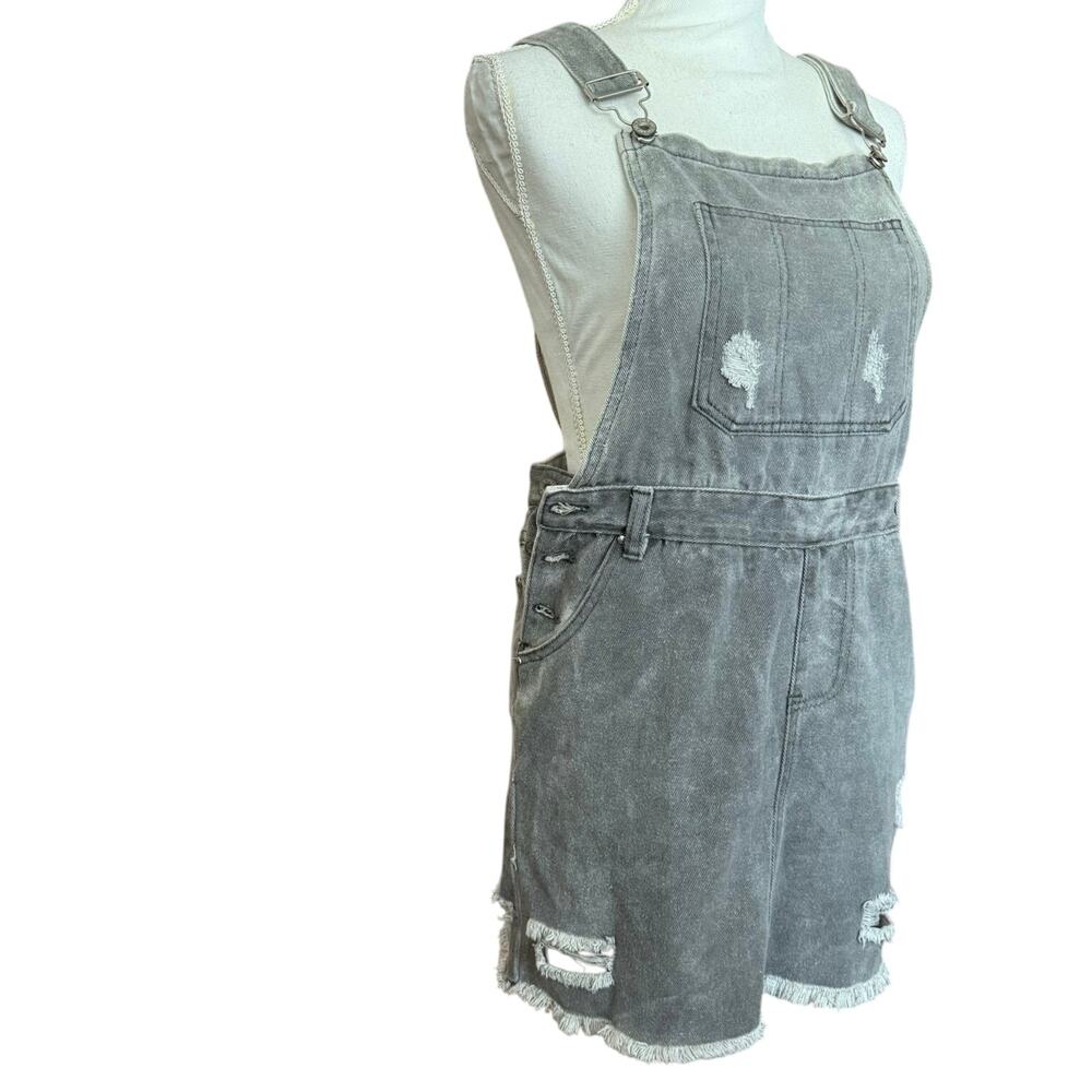 POL overall skirt distressed gray denim ripped torn mini jean overalls S small - Picture 3 of 16